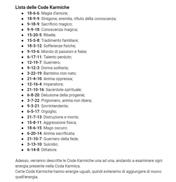 Liste code karmiche